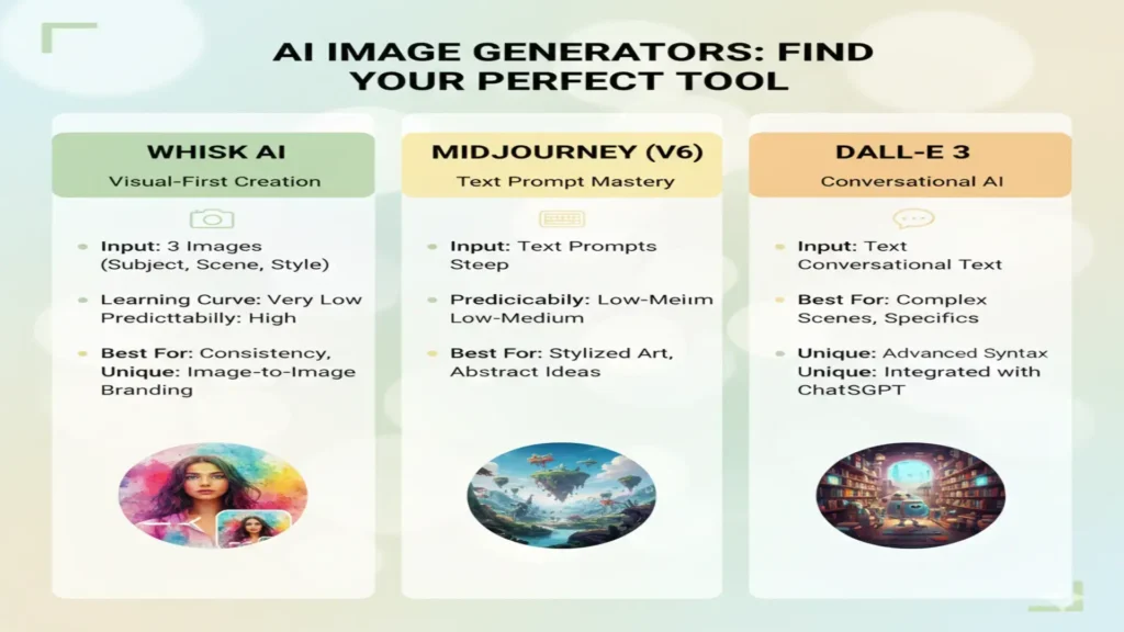 Whisk AI Complete Guide 2026: Review, Step-by-Step Tutorial, and Comparison 2 Whisk AI vs Midjourney vs Dall-e 3