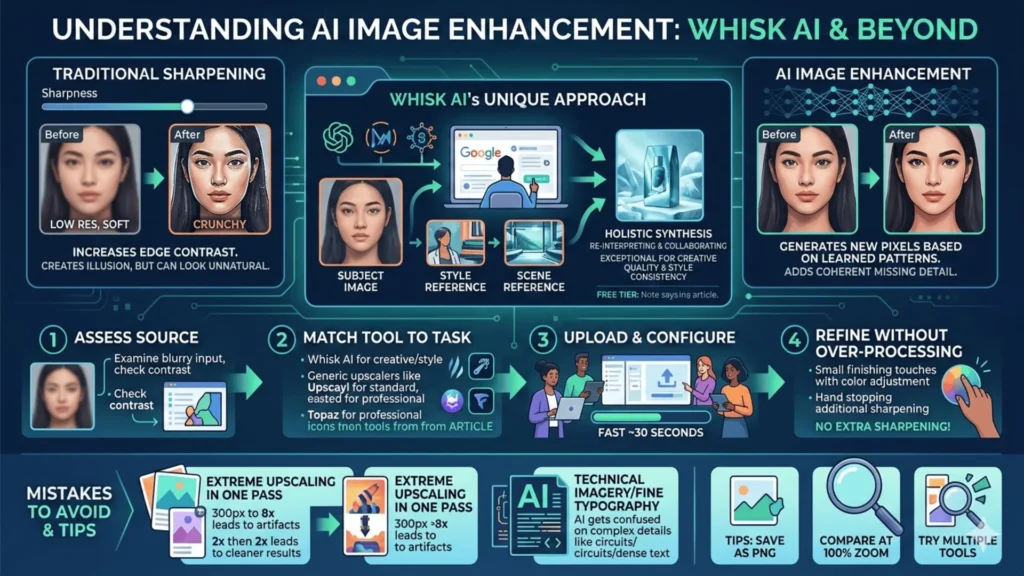 How to Enhance and Upscale Images with AI: A Complete Guide 2026 2 How to Enhance and Upscale Images using whisk ai infographics